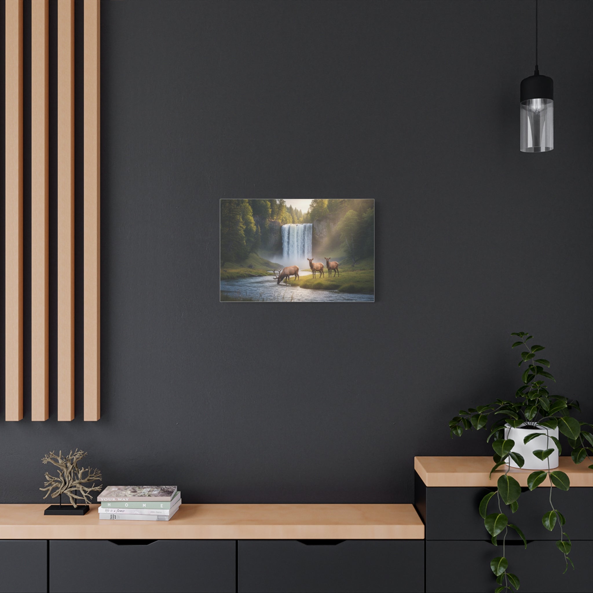 Waterfall Elk Canvas Print — Matte Stretched Wall Art