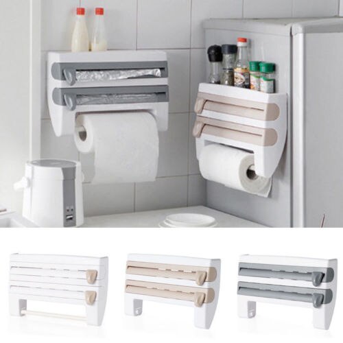 Creative Kitchen Storage Roll Dispenser Cling Film Tin Foil Holder Rack 4 in 1 Wall Mount Towel Roll Holder Hanger Organizer