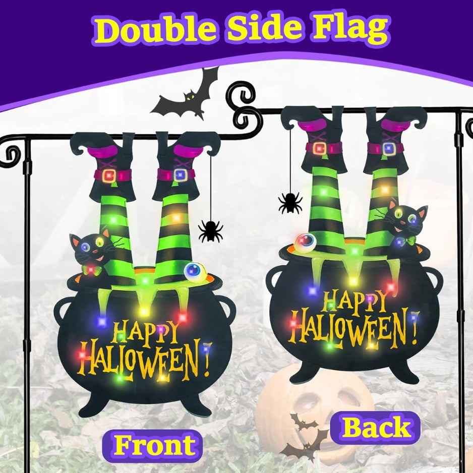 Halloween Lighted Garden Flag, Witch Feet Yard Decor, 12x18 In