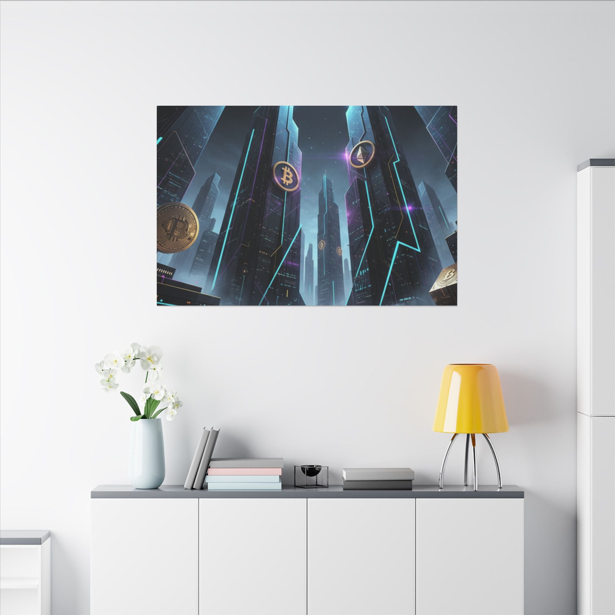 Crypto City Canvas Print — Futuristic Bitcoin & Ethereum Wall Art