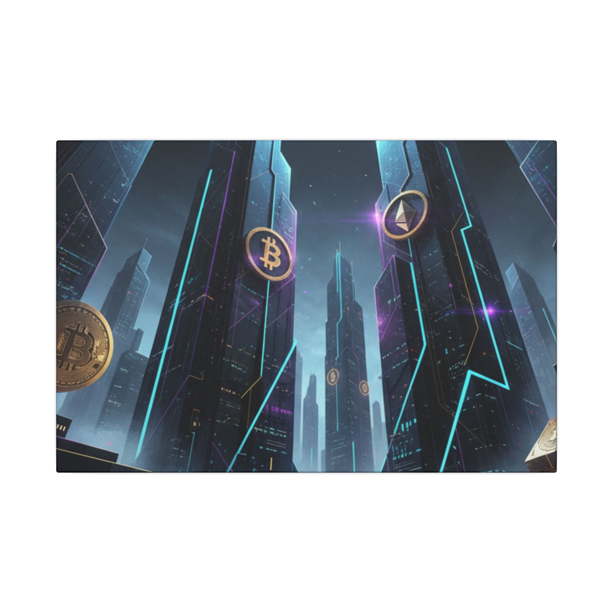 Crypto City Canvas Print — Futuristic Bitcoin & Ethereum Wall Art