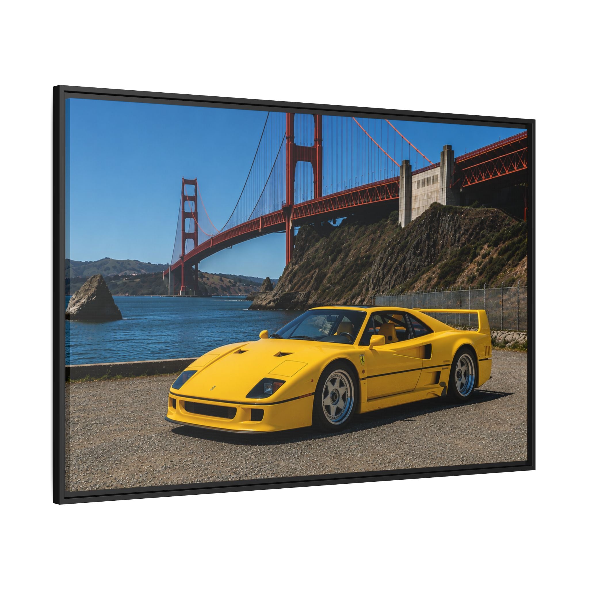 Ferrari 1987 F40 — Yellow Ferrari by the Golden Gate Bridge - Stunning Framed Canvas