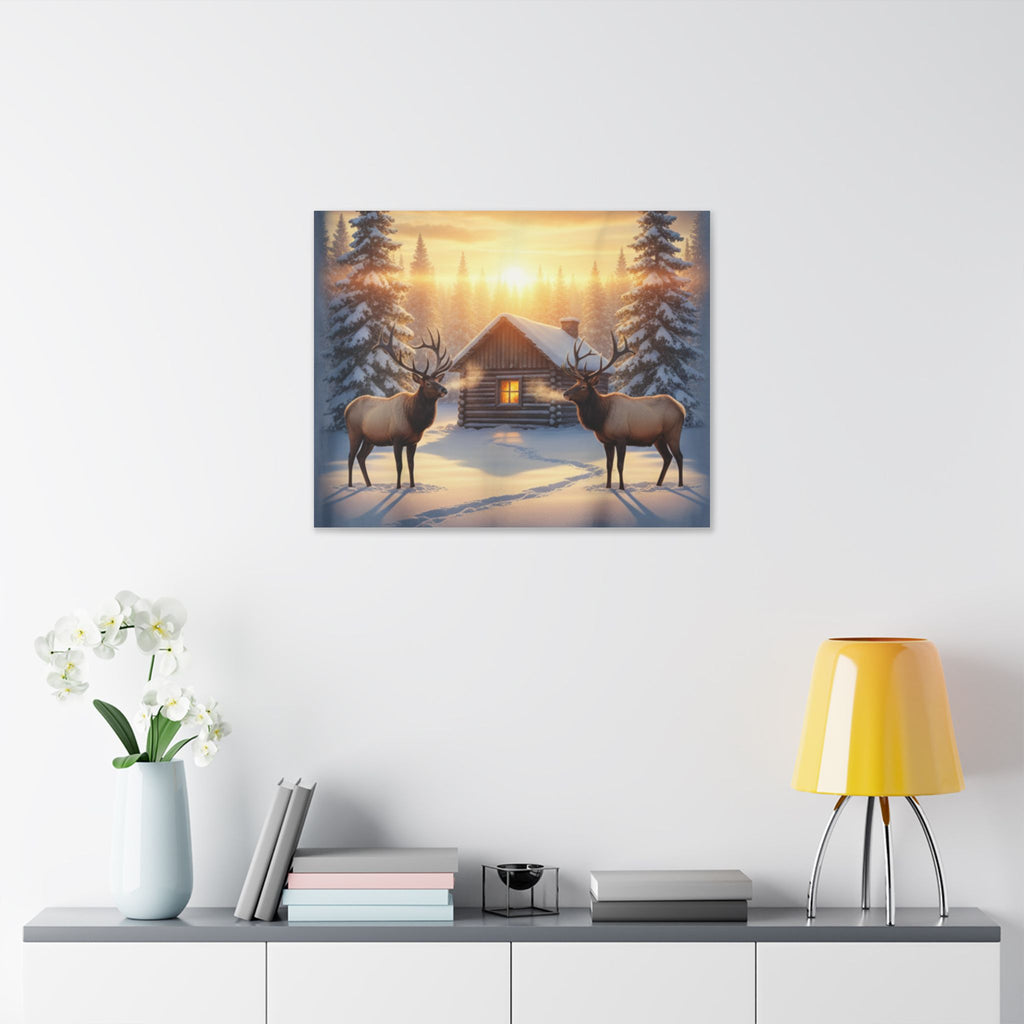 Winter Cabin Elk Canvas Wall Art – Cozy Snowy Forest Sunset Print
