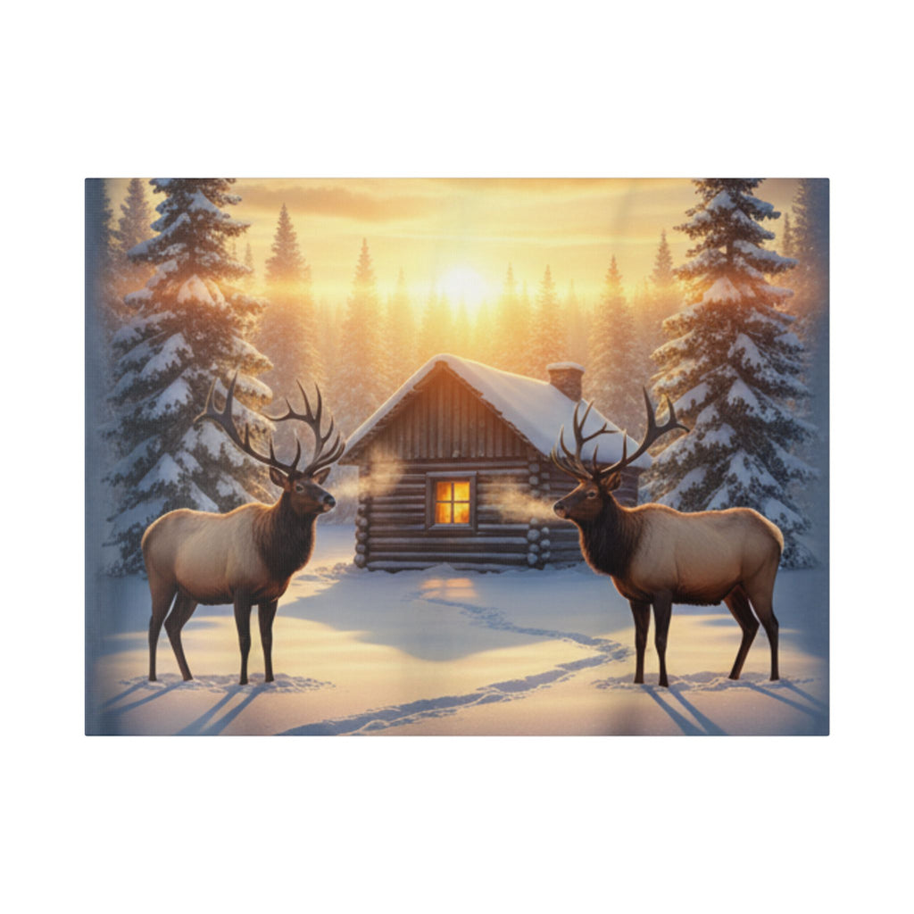 Winter Cabin Elk Canvas Wall Art – Cozy Snowy Forest Sunset Print