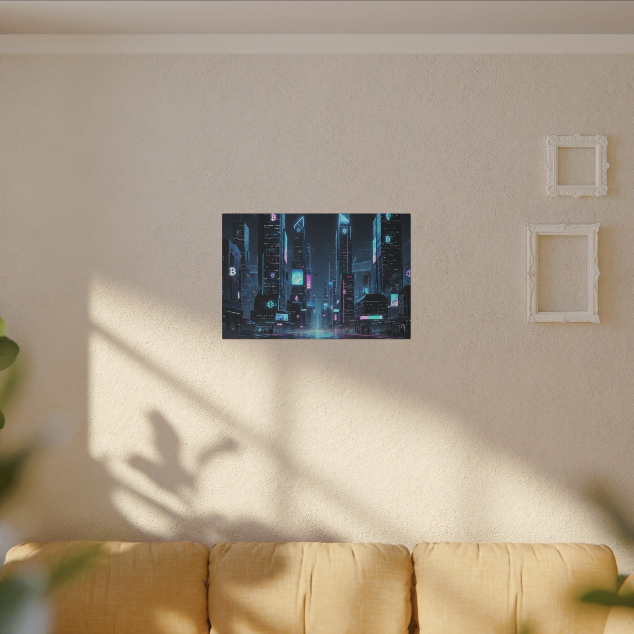 Cyberpunk Cityscape Matte Canvas Print — Neon Futuristic Skyline Wall Art
