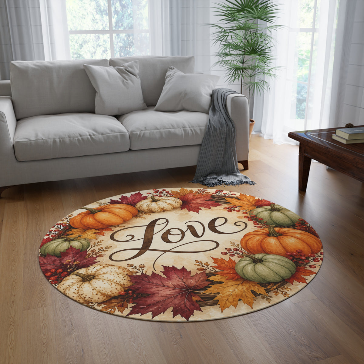 Autumn Pumpkin Love Round Rug Fall Entryway Seasonal Home Decor Halloween Thanksgiving Gift