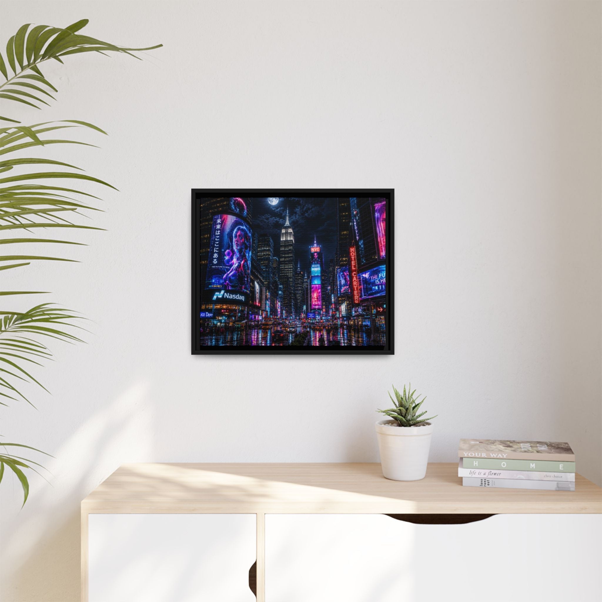 Time Square City Scape "Cyberpunk themed" Neon City Nights Matte Canvas Print (Framed)