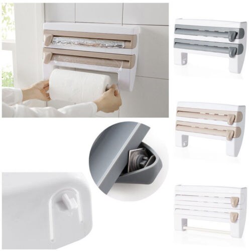 Creative Kitchen Storage Roll Dispenser Cling Film Tin Foil Holder Rack 4 in 1 Wall Mount Towel Roll Holder Hanger Organizer
