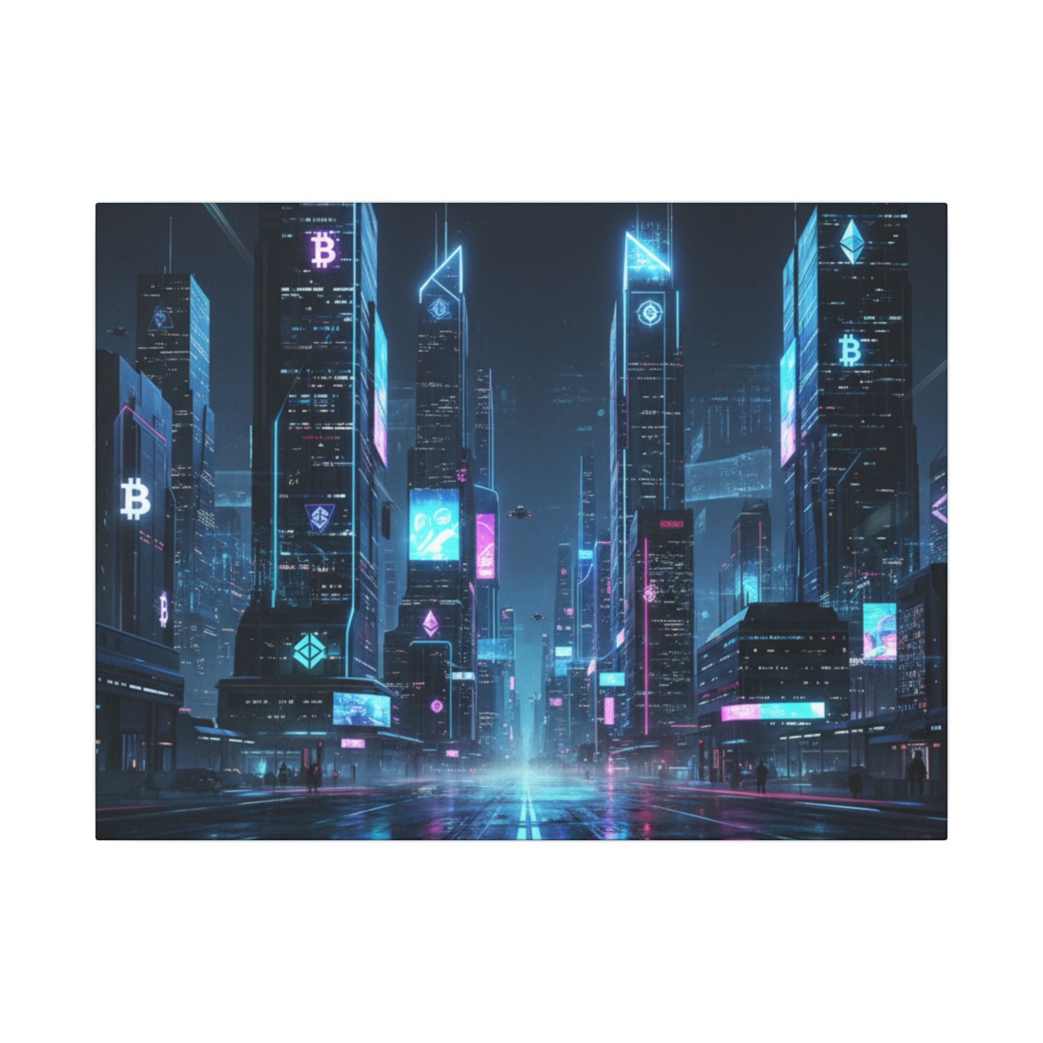 Cyberpunk Cityscape Matte Canvas Print — Neon Futuristic Skyline Wall Art