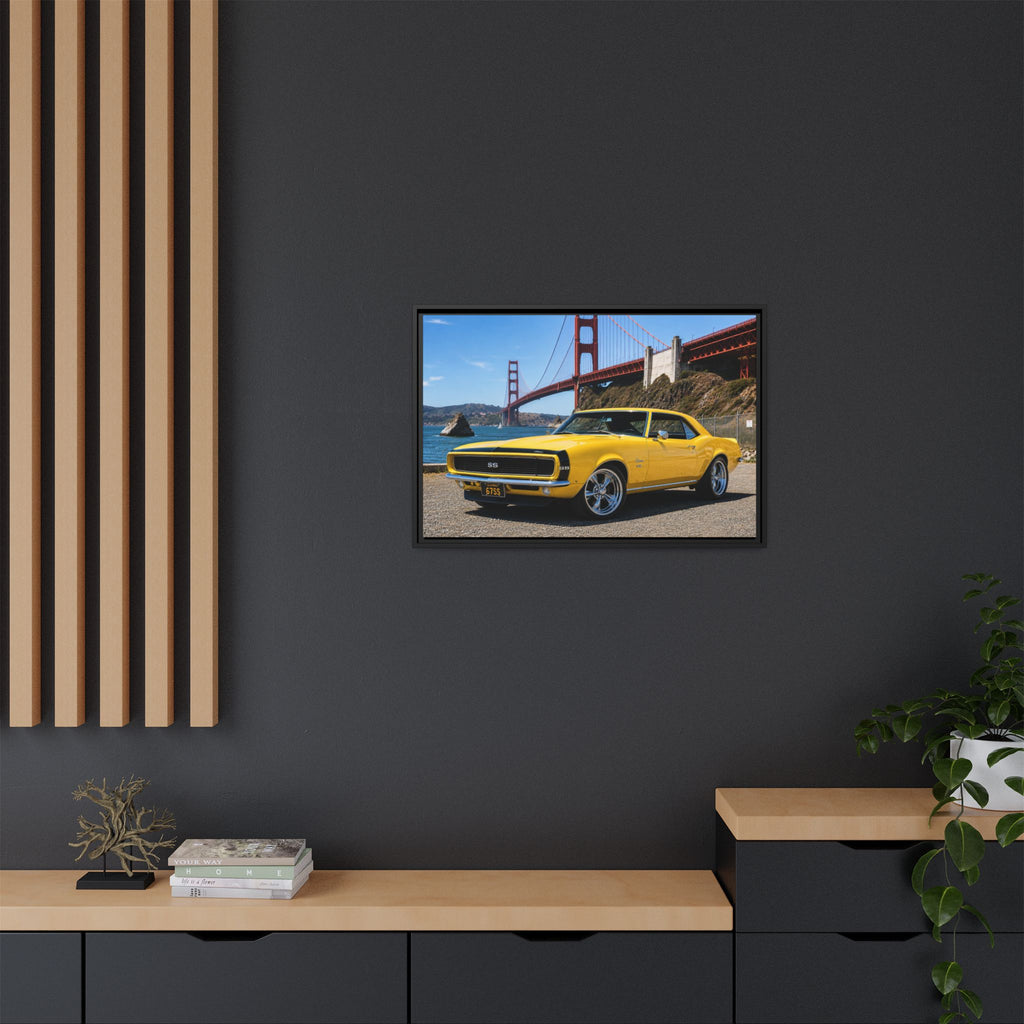Camaro 1967 Framed Canvas – Yellow Classic "Bumble Bee" Camaro by Golden Gate Bridge