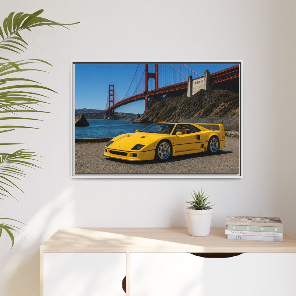 Ferrari 1987 F40 — Yellow Ferrari by the Golden Gate Bridge - Stunning Framed Canvas