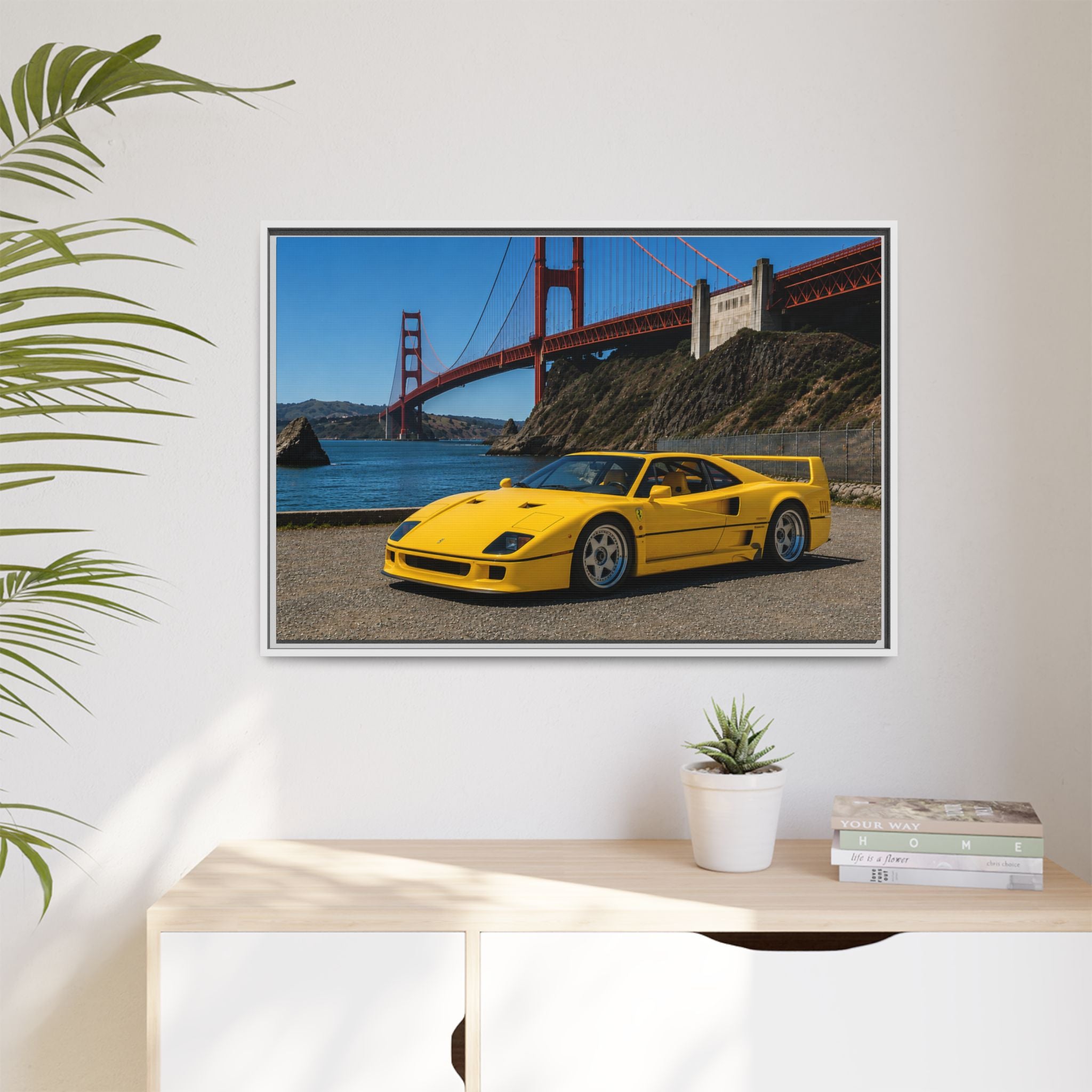 Ferrari 1987 F40 — Yellow Ferrari by the Golden Gate Bridge - Stunning Framed Canvas