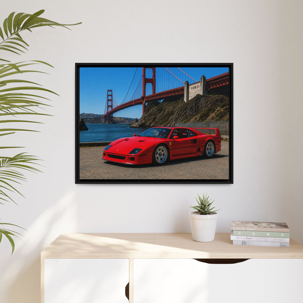 Ferrari F40 1987  — Red Sexy Sports Car by Golden Gate Bridge - Stunning Framed Canvas