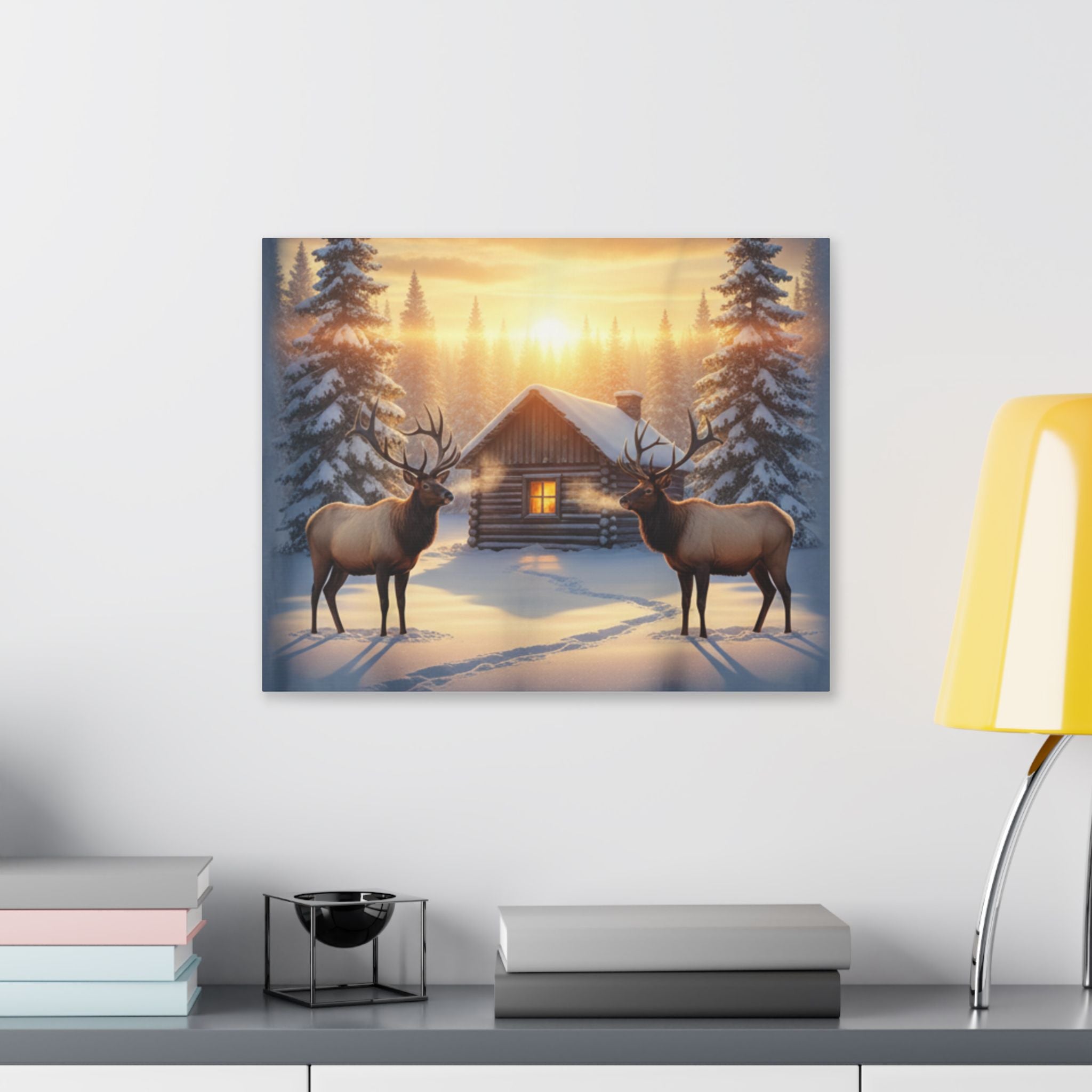 Winter Cabin Elk Canvas Wall Art – Cozy Snowy Forest Sunset Print