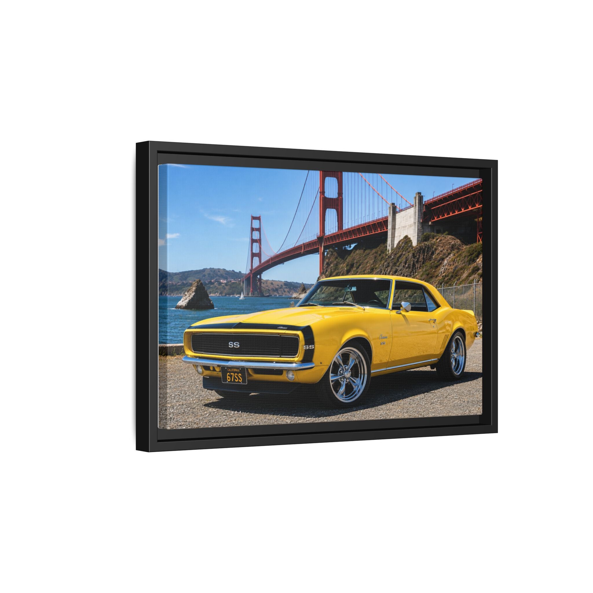 Camaro 1967 Framed Canvas – Yellow Classic "Bumble Bee" Camaro by Golden Gate Bridge