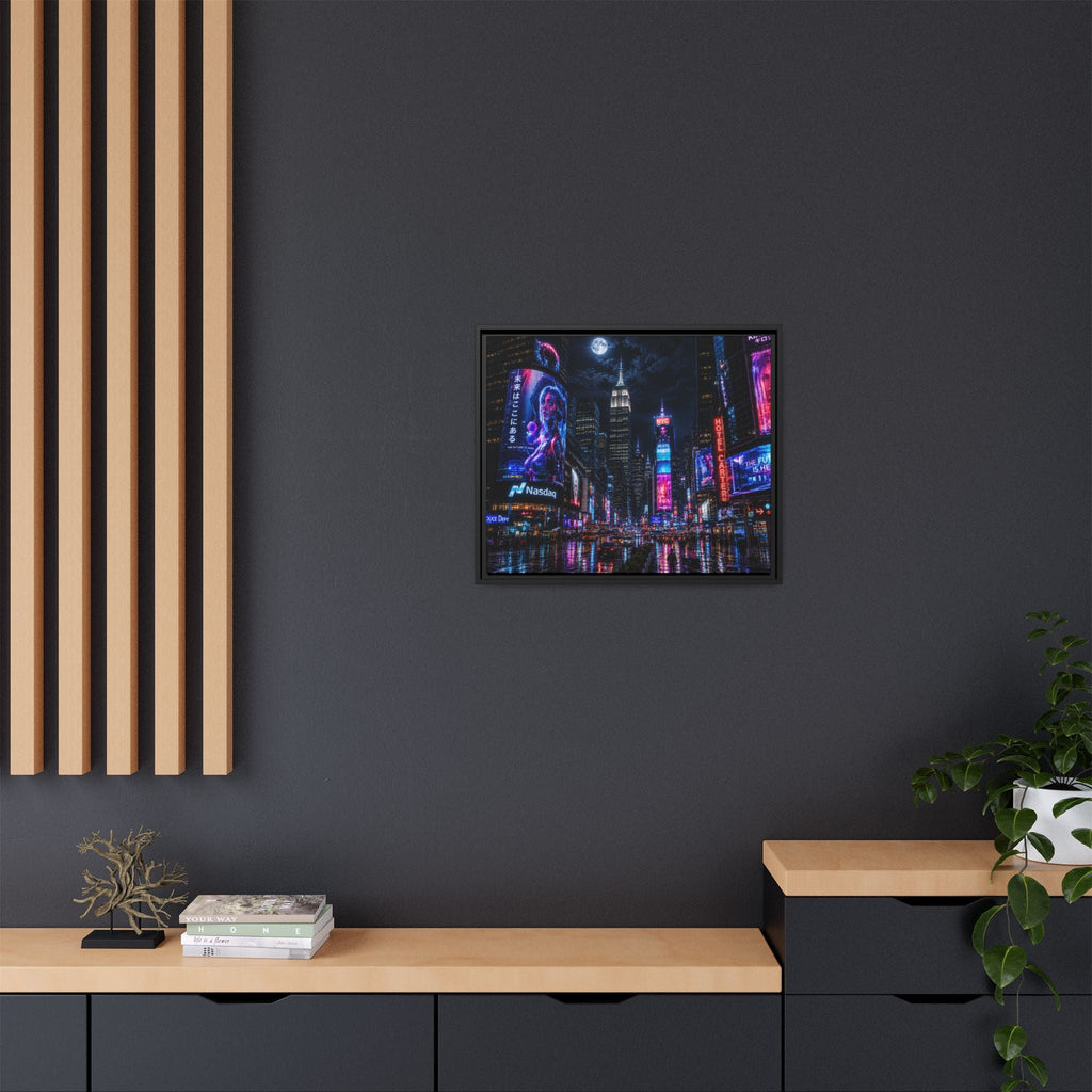 Time Square City Scape "Cyberpunk themed" Neon City Nights Matte Canvas Print (Framed)