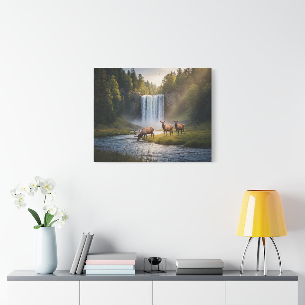 Waterfall Elk Canvas Print — Matte Stretched Wall Art