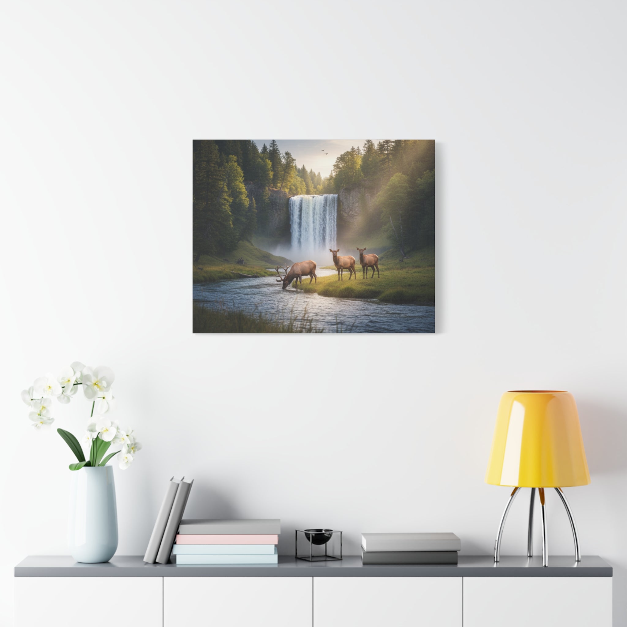 Waterfall Elk Canvas Print — Matte Stretched Wall Art