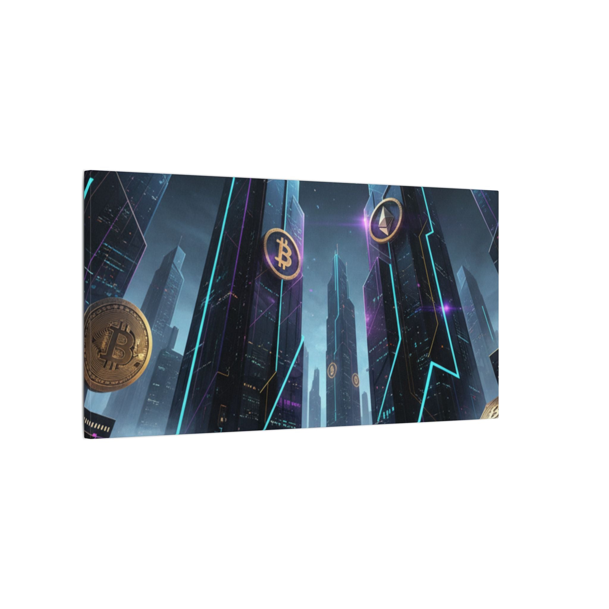 Crypto City Canvas Print — Futuristic Bitcoin & Ethereum Wall Art