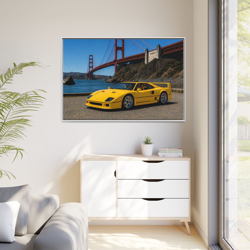 Ferrari 1987 F40 — Yellow Ferrari by the Golden Gate Bridge - Stunning Framed Canvas