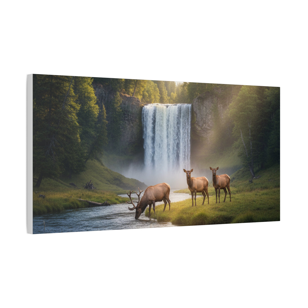 Waterfall Elk Canvas Print — Matte Stretched Wall Art