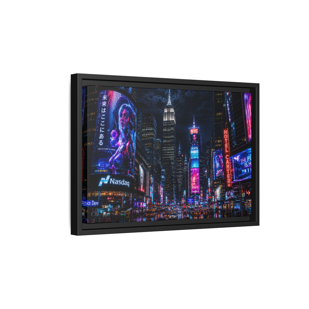Time Square City Scape "Cyberpunk themed" Neon City Nights Matte Canvas Print (Framed)