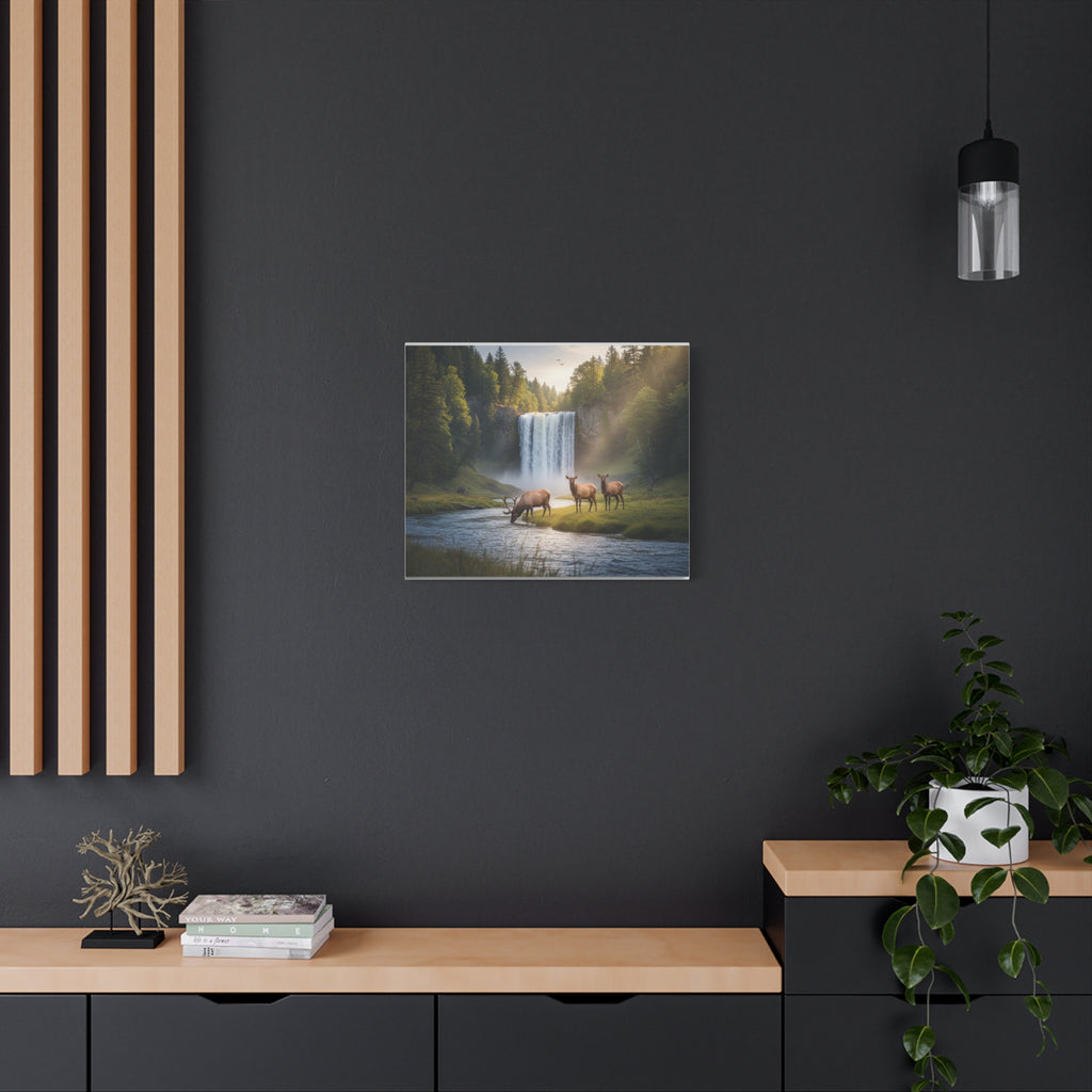 Waterfall Elk Canvas Print — Matte Stretched Wall Art