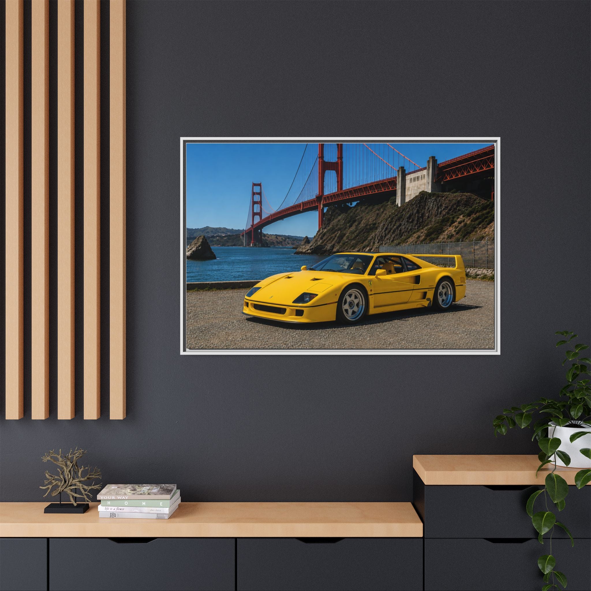 Ferrari 1987 F40 — Yellow Ferrari by the Golden Gate Bridge - Stunning Framed Canvas