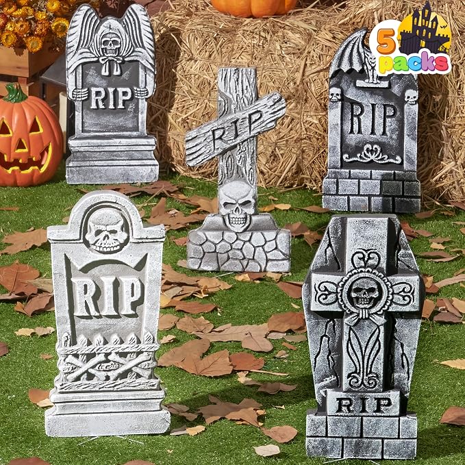 5 Pack 17 Inch Halloween Foam RIP Tombstones With 12 Metal Stakes, Outdoor