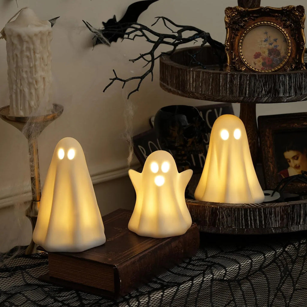 Light Up Ghost Halloween Decor, 3 Pack Ceramic Halloween Ghost Decorations