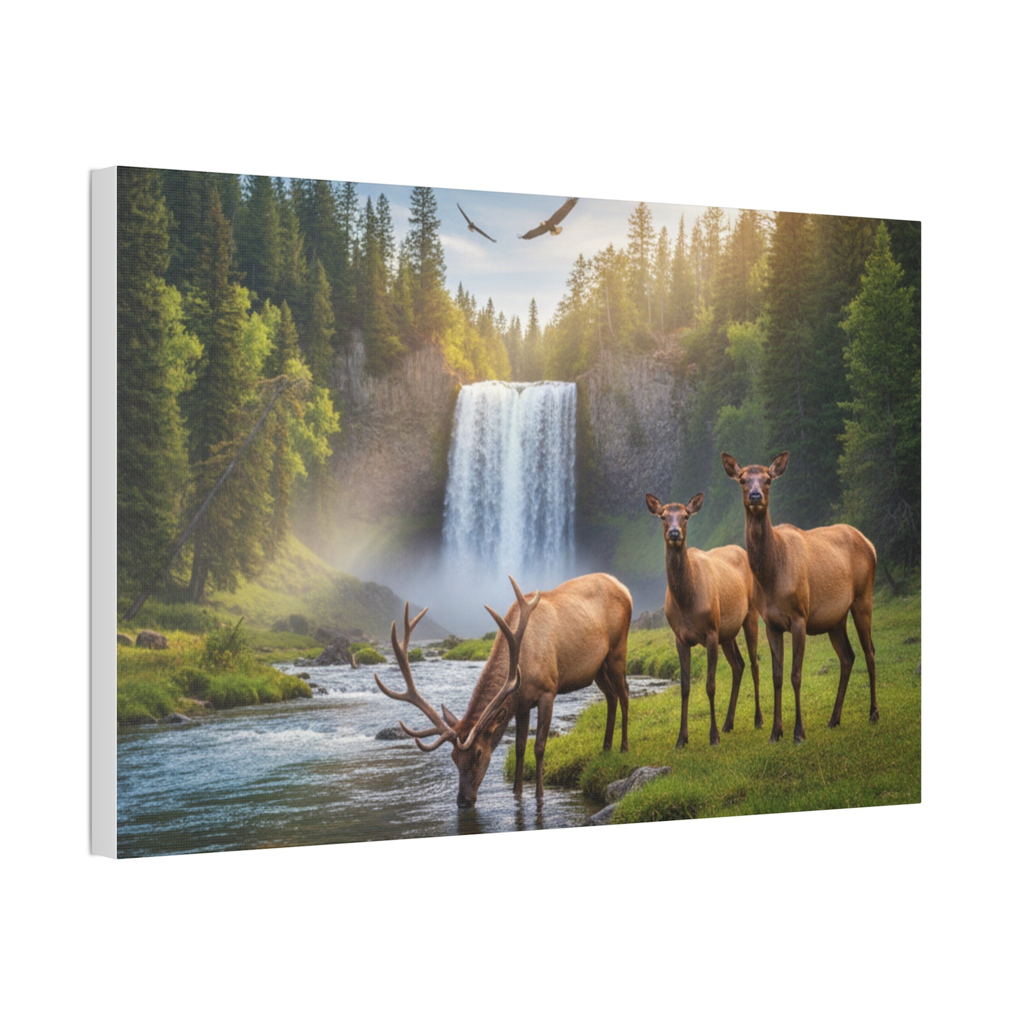 Elk Waterfall Canvas Print — Serene Wildlife Landscape Wall Art, 1.5" Stretched