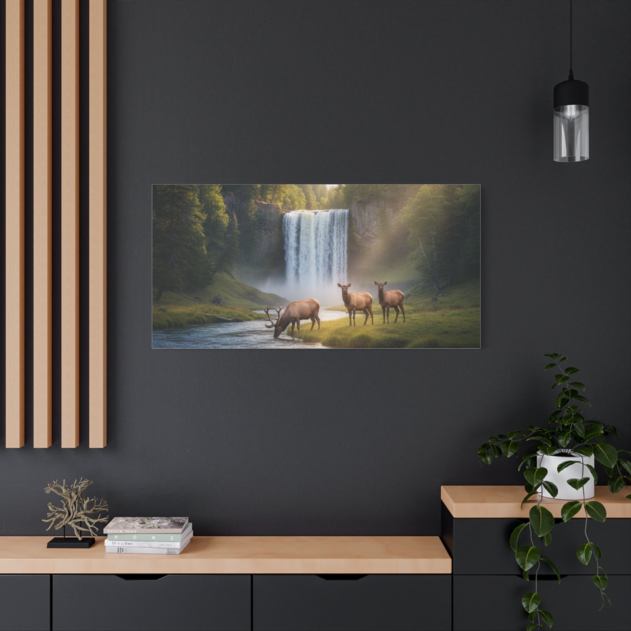 Waterfall Elk Canvas Print — Matte Stretched Wall Art