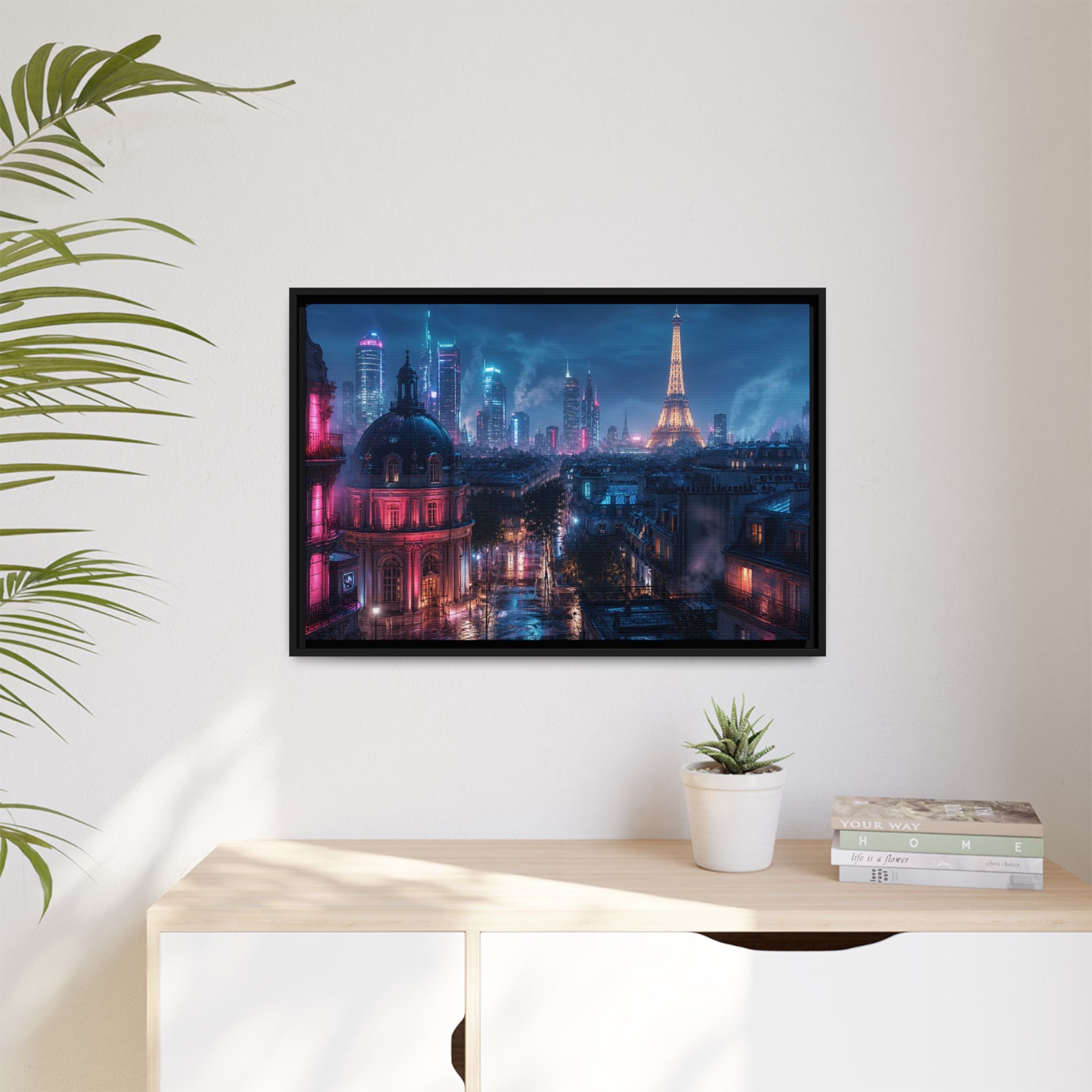 Paris Neon Night Canvas Wall Art Print Ready to Hang