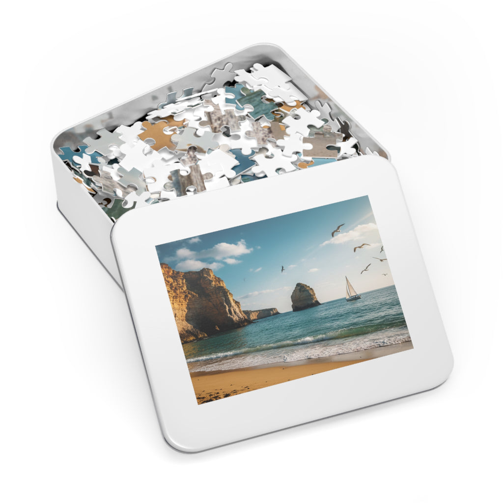 Beach Scene Jigsaw Puzzle (with Tin) — Seaside Sailboat 500-Pc Puzzle Gift