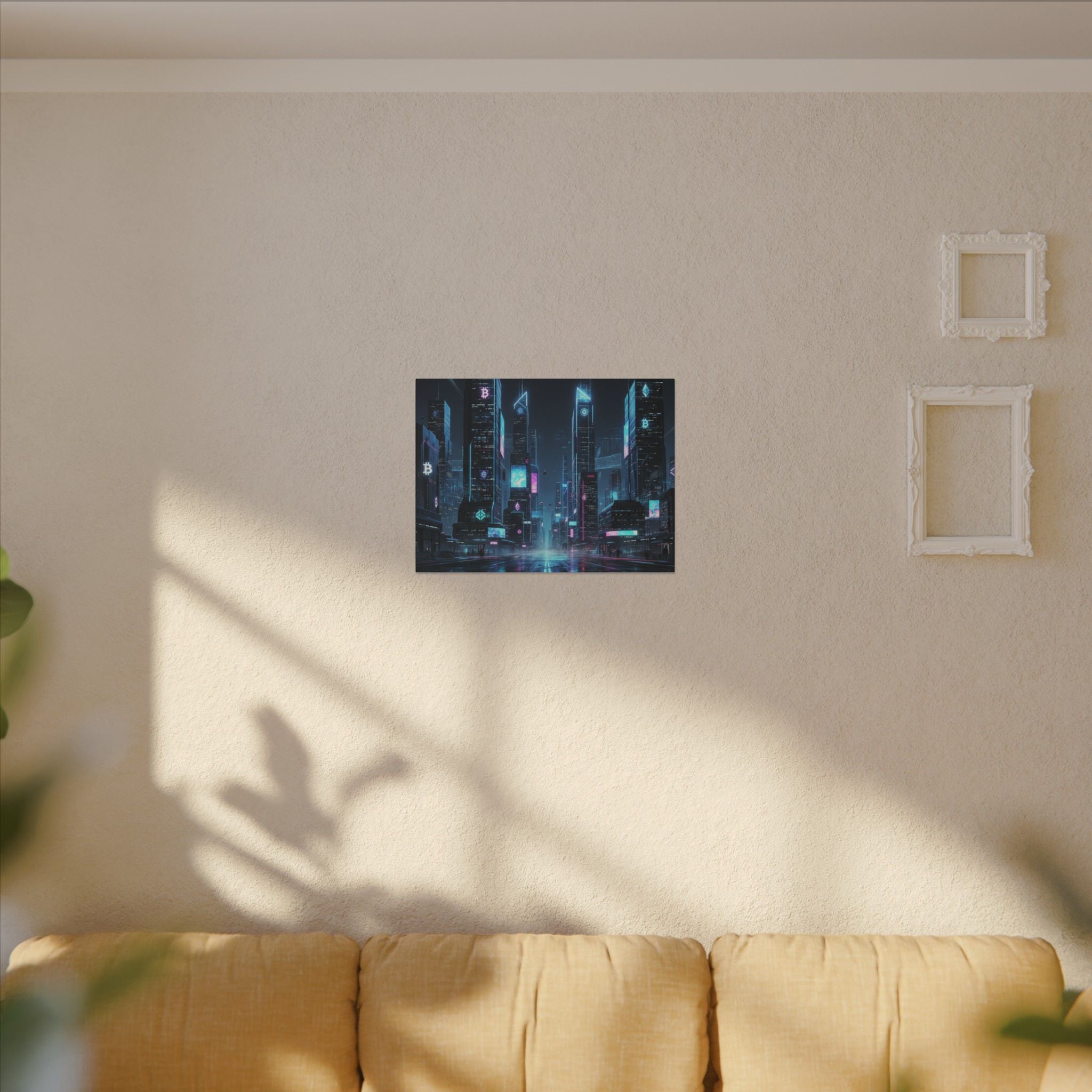 Cyberpunk Cityscape Matte Canvas Print — Neon Futuristic Skyline Wall Art