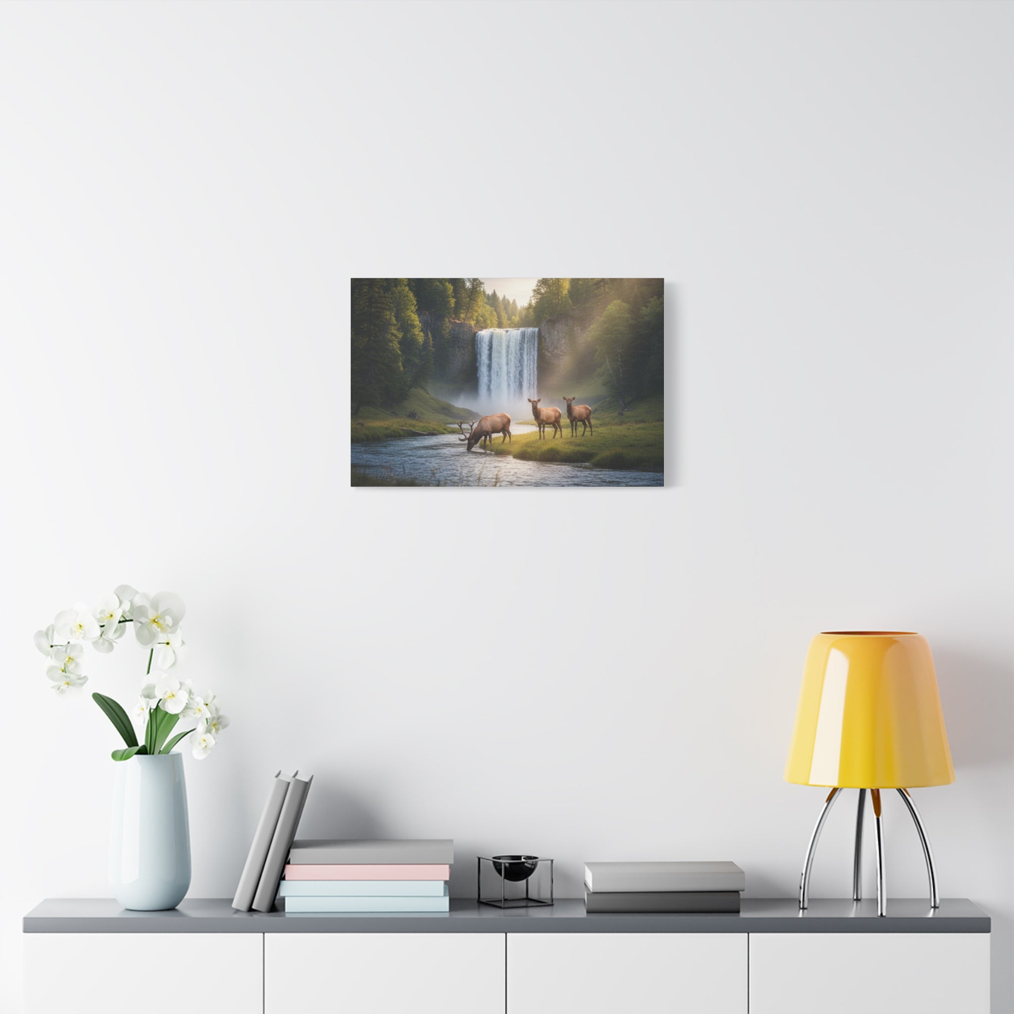 Waterfall Elk Canvas Print — Matte Stretched Wall Art
