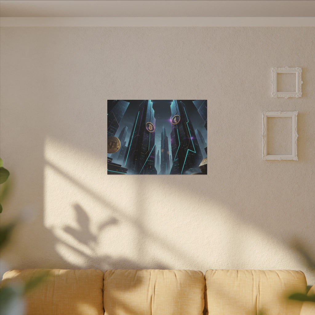 Crypto City Canvas Print — Futuristic Bitcoin & Ethereum Wall Art