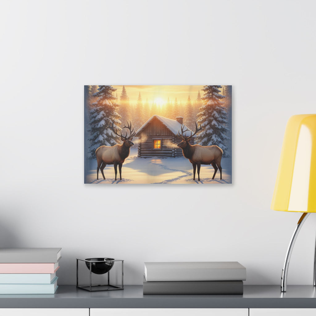 Winter Cabin Elk Canvas Wall Art – Cozy Snowy Forest Sunset Print