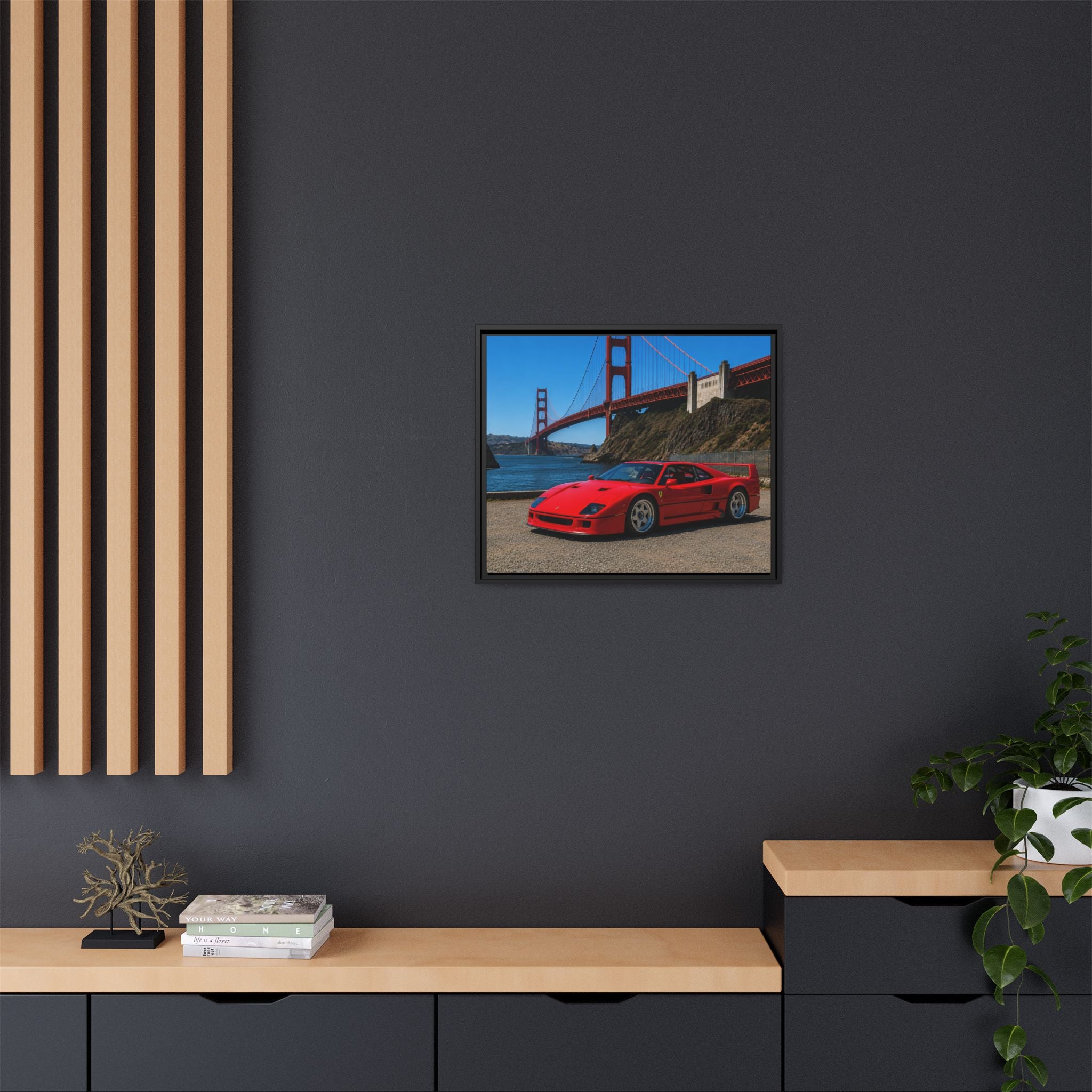Ferrari F40 1987  — Red Sexy Sports Car by Golden Gate Bridge - Stunning Framed Canvas