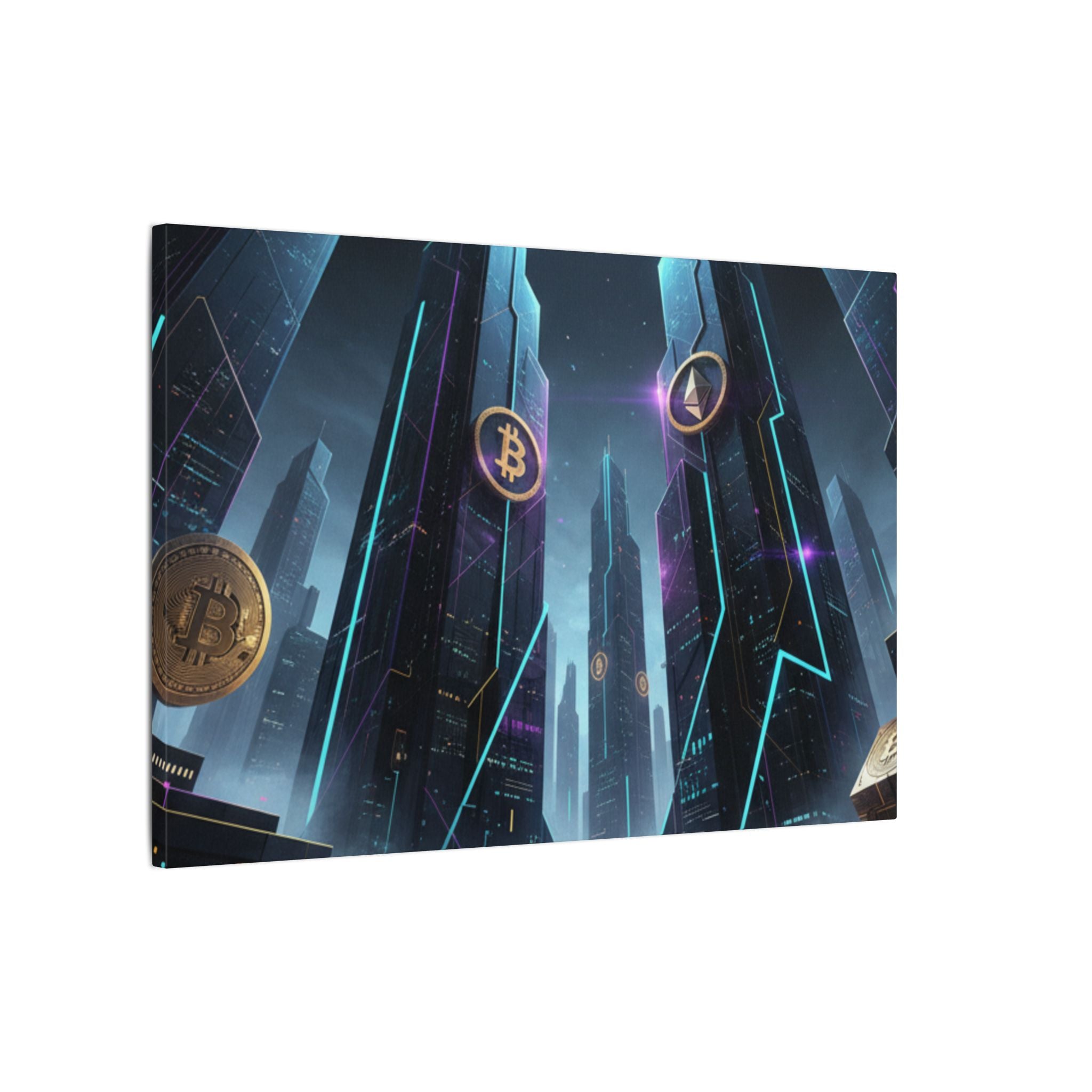 Crypto City Canvas Print — Futuristic Bitcoin & Ethereum Wall Art