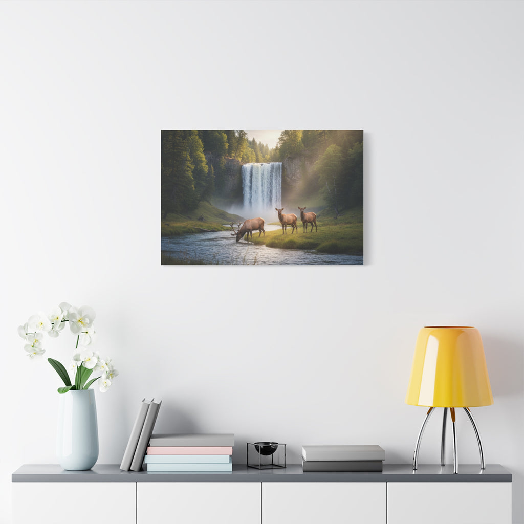 Waterfall Elk Canvas Print — Matte Stretched Wall Art