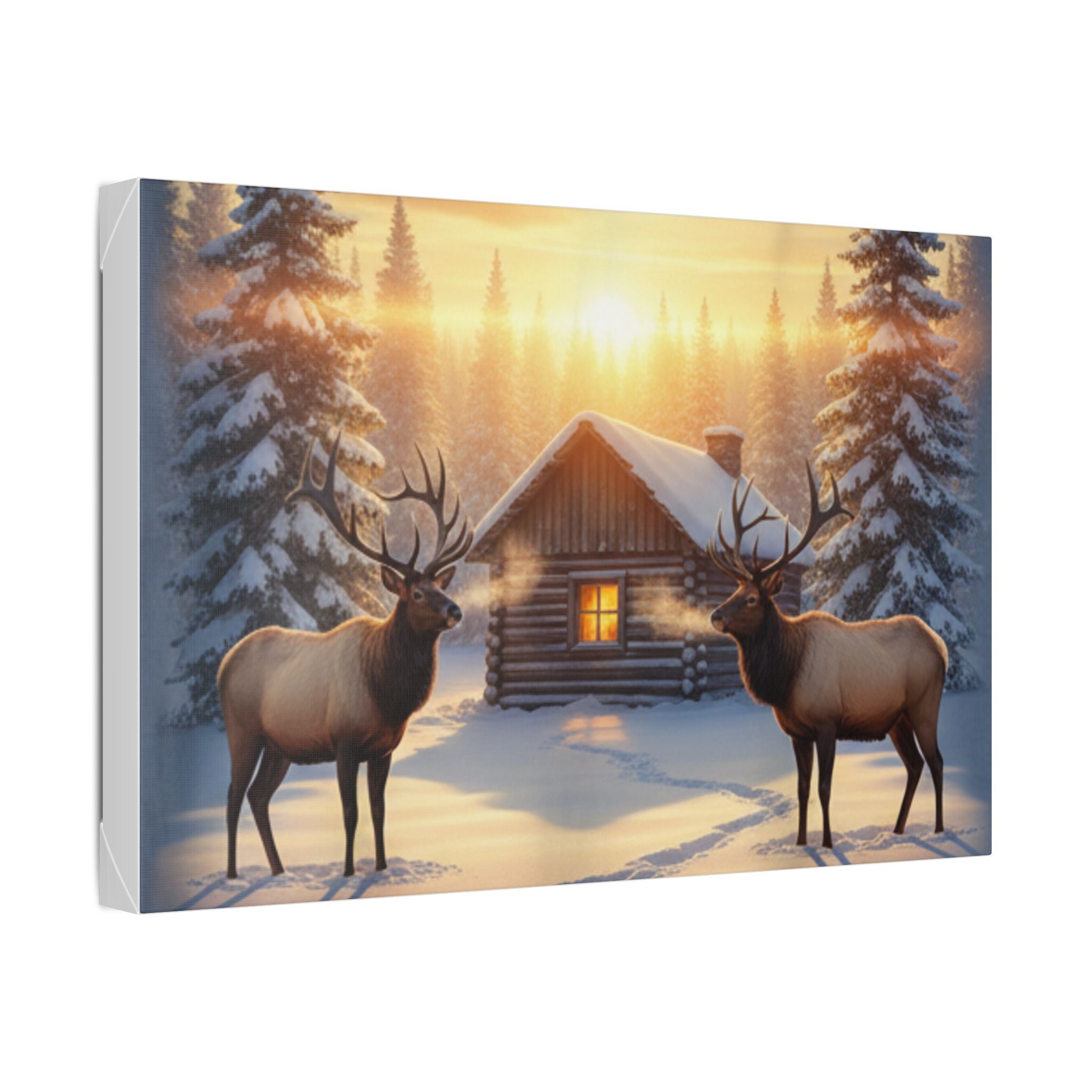 Winter Cabin Elk Canvas Wall Art – Cozy Snowy Forest Sunset Print