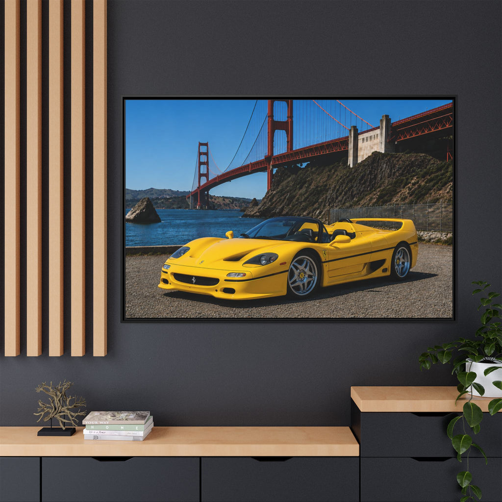 Ferrari F50 1995 Yellow — Framed Matte Canvas of Ferrari by Golden Gate Bridge