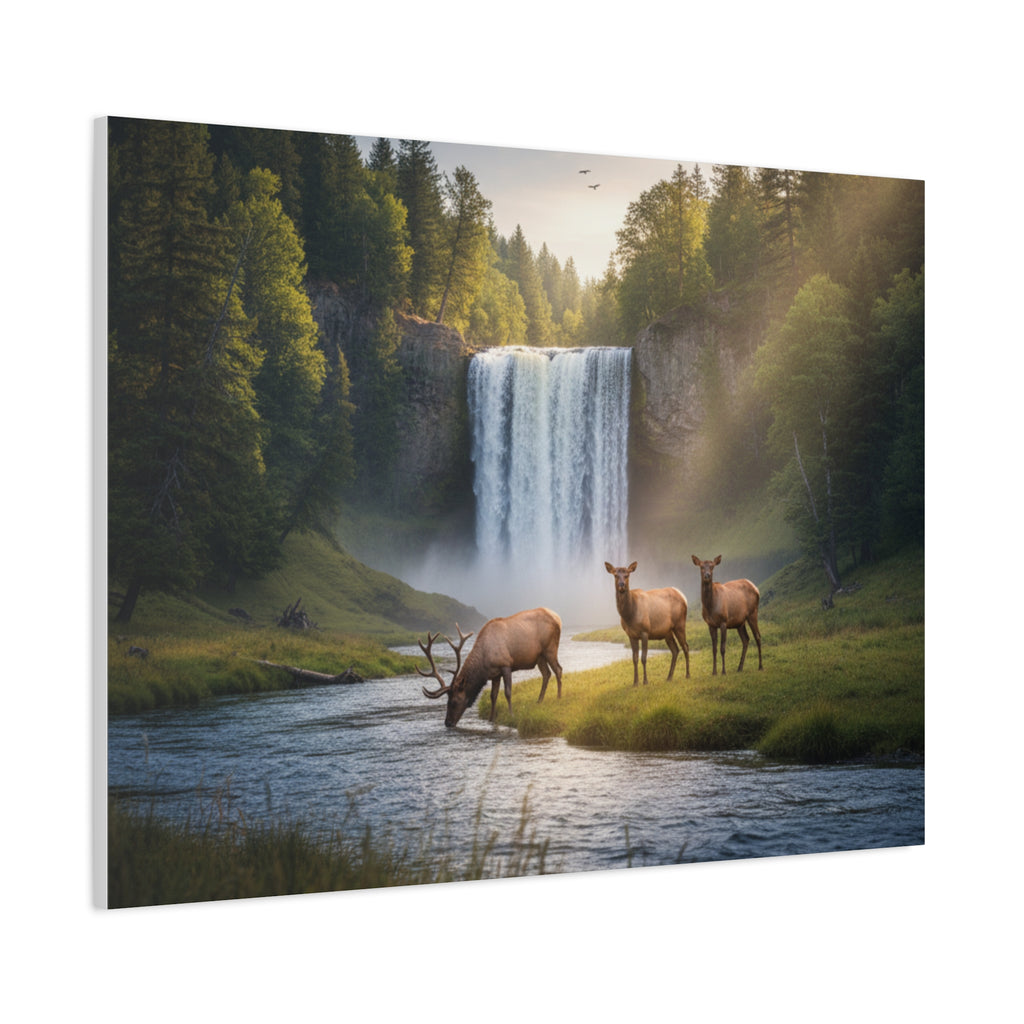 Waterfall Elk Canvas Print — Matte Stretched Wall Art