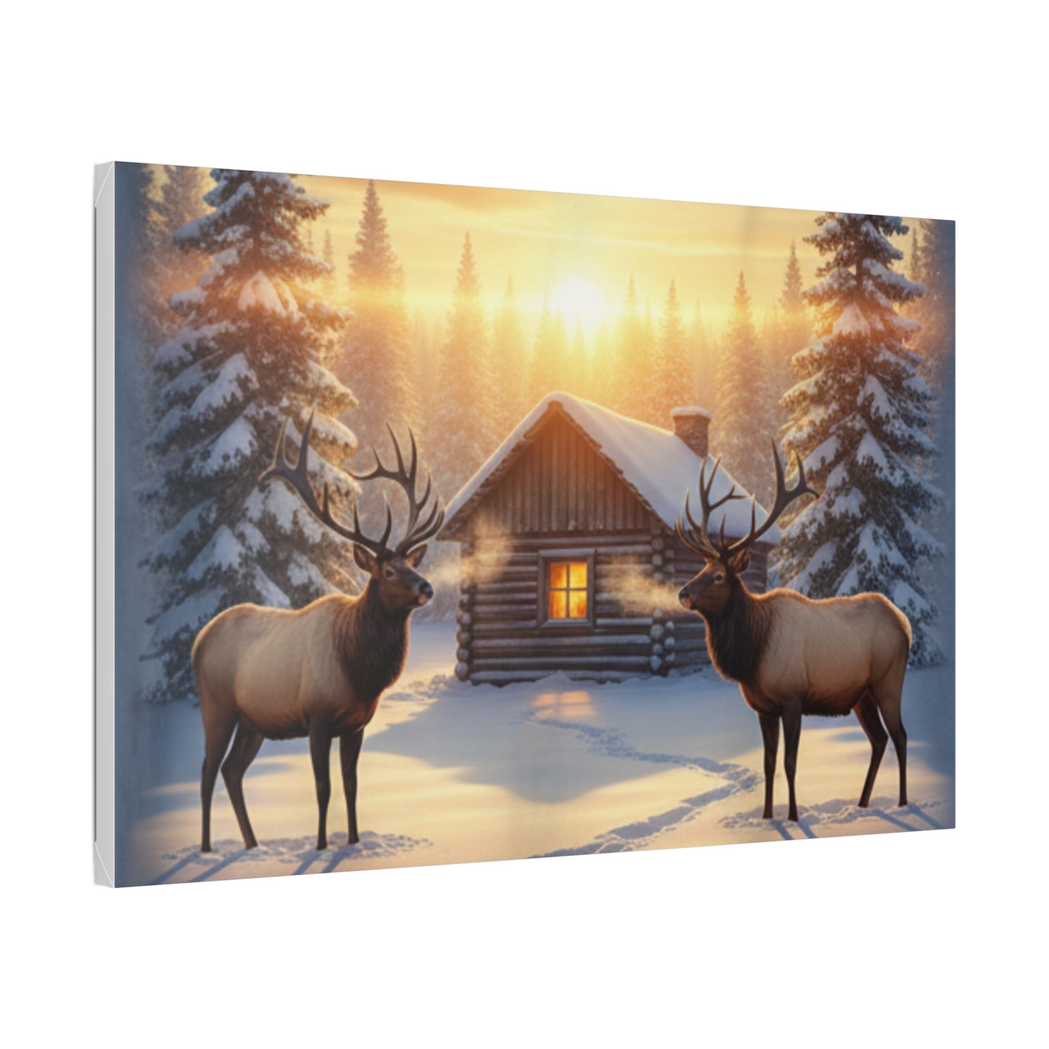 Winter Cabin Elk Canvas Wall Art – Cozy Snowy Forest Sunset Print