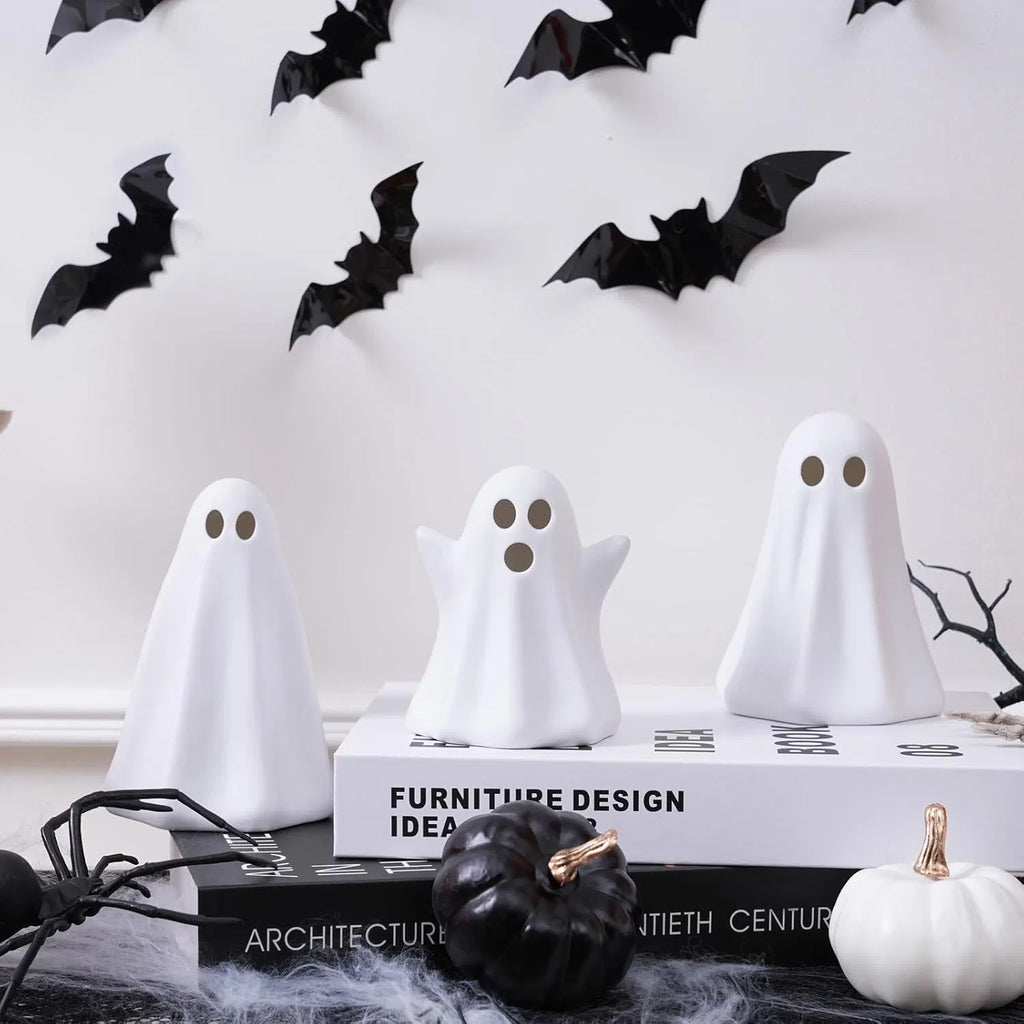 Light Up Ghost Halloween Decor, 3 Pack Ceramic Halloween Ghost Decorations