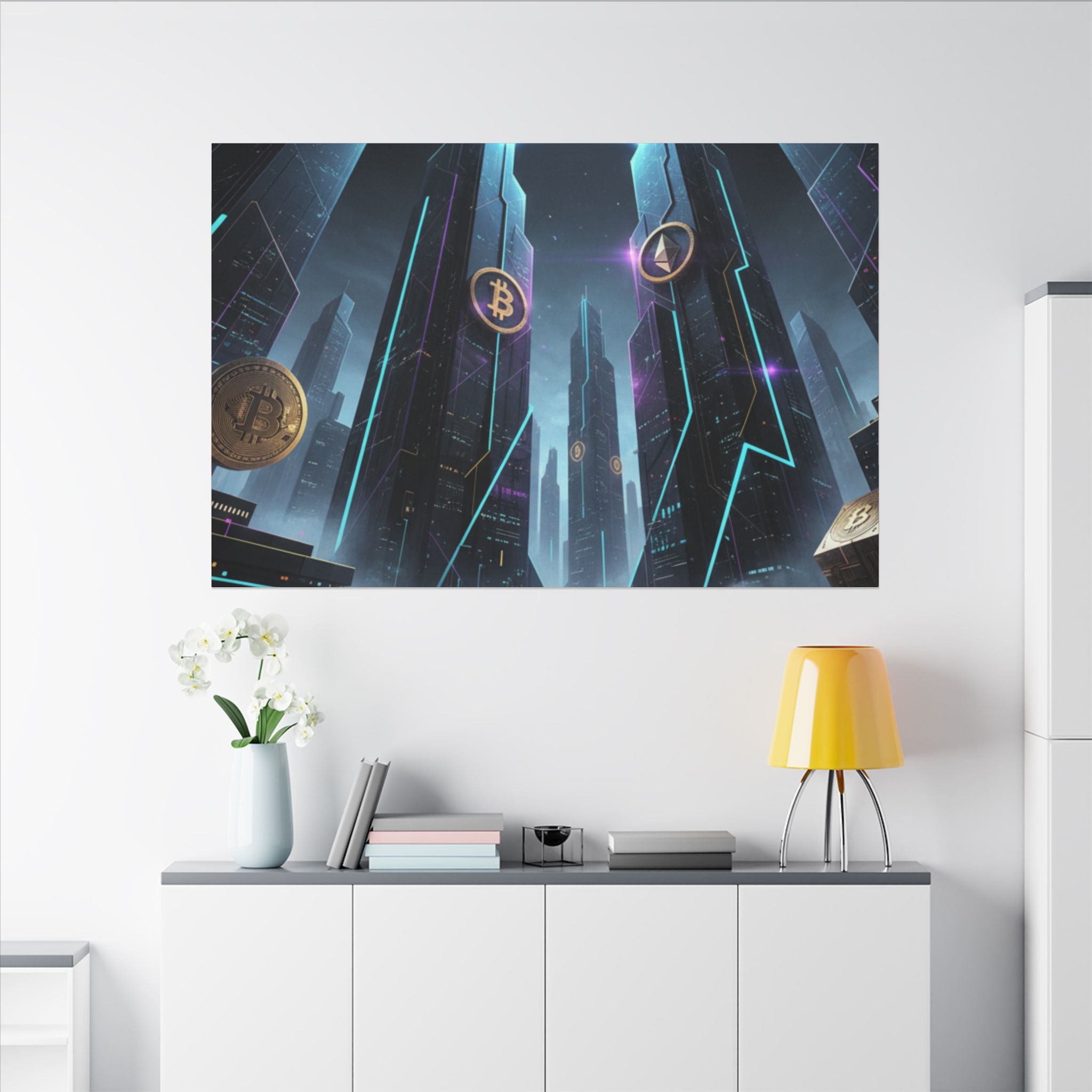 Crypto City Canvas Print — Futuristic Bitcoin & Ethereum Wall Art