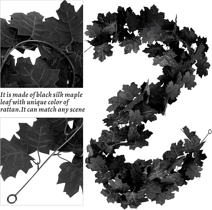2 Pcs Black Maple Leaf Garland, Artificial Fall Leaf Vines For Halloween