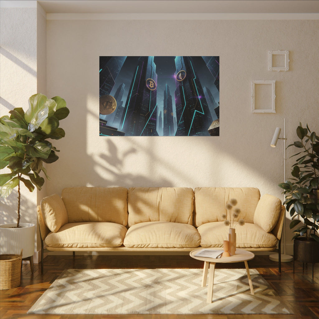 Crypto City Canvas Print — Futuristic Bitcoin & Ethereum Wall Art