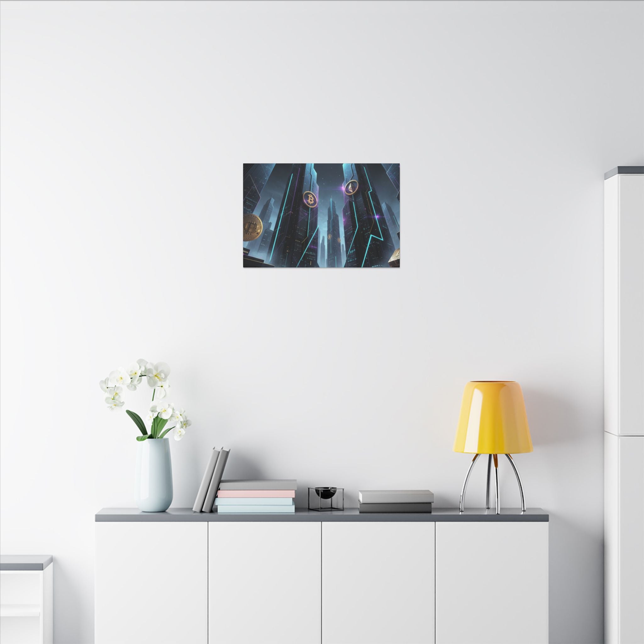 Crypto City Canvas Print — Futuristic Bitcoin & Ethereum Wall Art